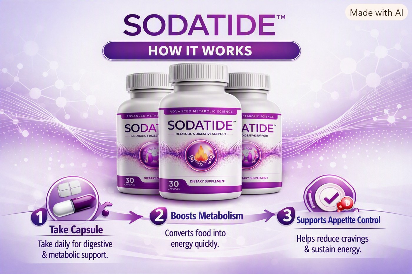 SodaTide three-step how it works: take capsule, supports metabolism, supports appetite control