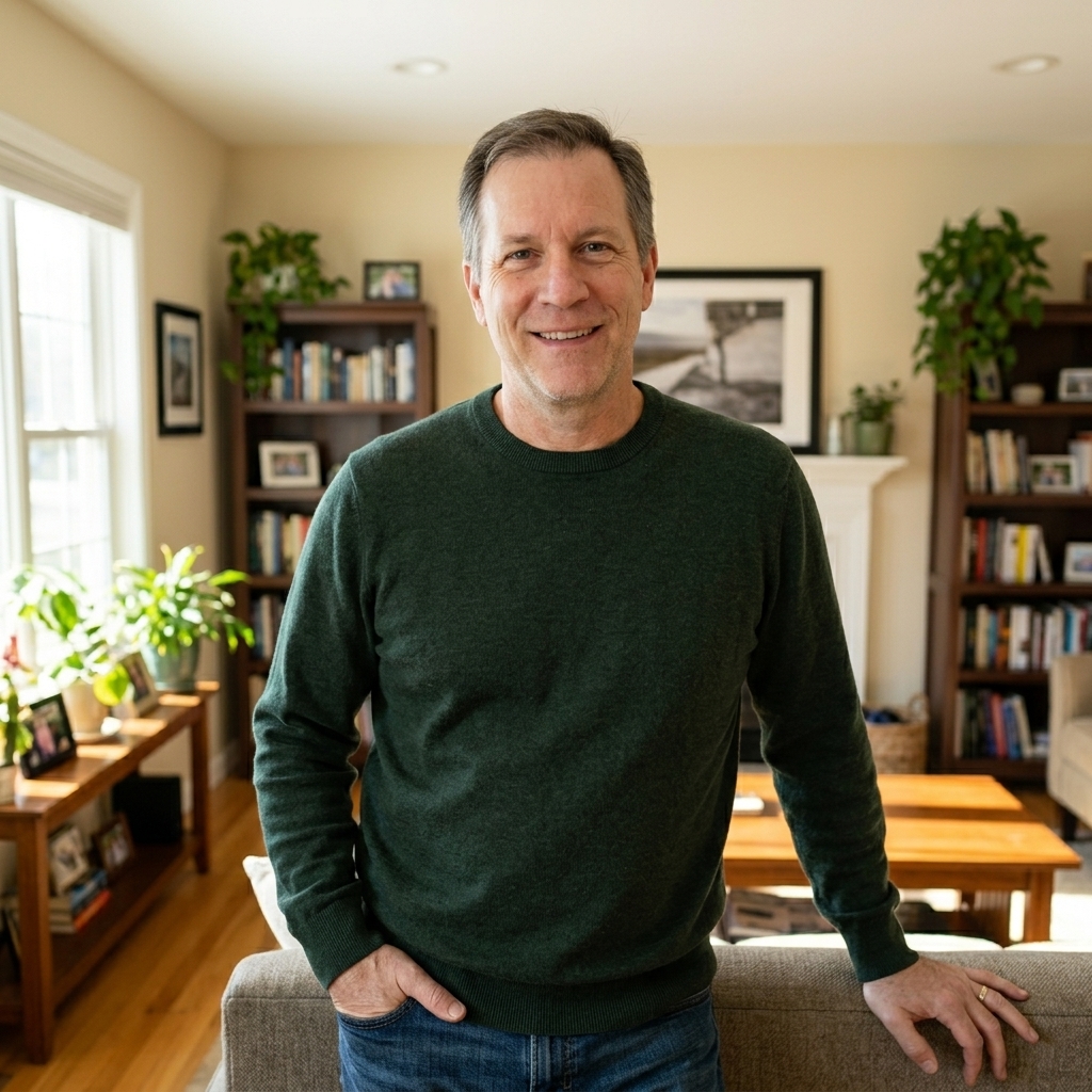 Person at home reflecting on wellness routine